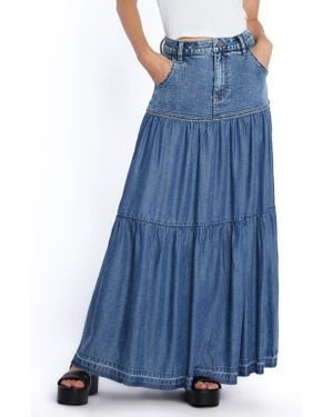 Wash Lab Denim Contrast Tiered Denim Maxi Skirt - Blue