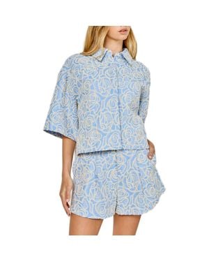 Endless Rose Embroidered Crop Cotton Blend Button-Up Shirt - Blue