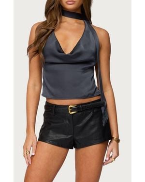 Edikted Sleeveless Satin Scarf Detail Cowl Neck Top - Blue