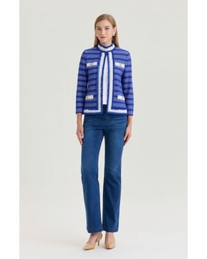 Ming Wang Heritage Ribbon Fringe Trim Knit Jacket - Blue