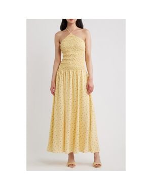 Petal & Pup Aradia Ditsy Floral Shirred Halter Midi Dress - Yellow