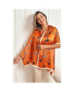 SILKSILKY Silk Printed Rectangular Long Stole Scarf - Orange