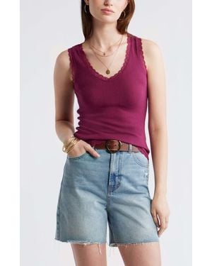 Treasure & Bond Pointelle Lace Trim Cotton Blend V-Neck Tank - Red