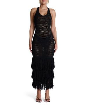 Naked Wardrobe Open Stitch Fringe Midi Dress - Black