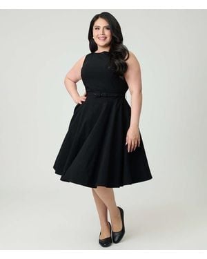 Unique Vintage Plus Size Long Sleeve Belted Devon Swing Dress - Black