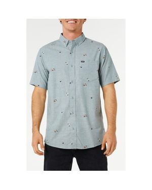 Rip Curl Skelly Breach Tropical Print Short Sleeve Cotton Chambray Button-Down Shirt - Blue