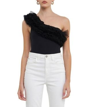 Endless Rose Tulle Ruffle One-Shoulder Bodysuit - Black