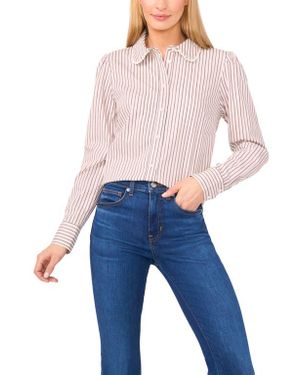 Cece Faux Pearl Detail Stripe Cotton Button-Up Shirt - Blue