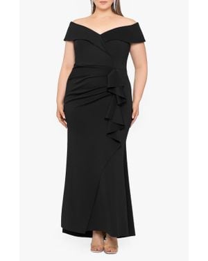 Xscape Evenings Off The Shoulder Ruffle Scuba Knit Gown - Black