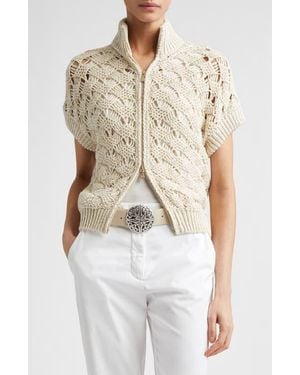 Eleventy Sequin Crochet Short Sleeve Cardigan - White