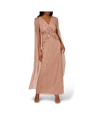 Adrianna Papell Beaded Sequin Long Sleeve Cape Overlay Column Gown - Brown