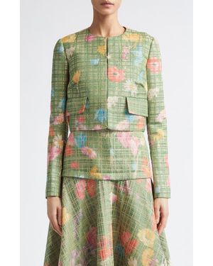 Lela Rose Floral Raffia Crop Blazer - Green