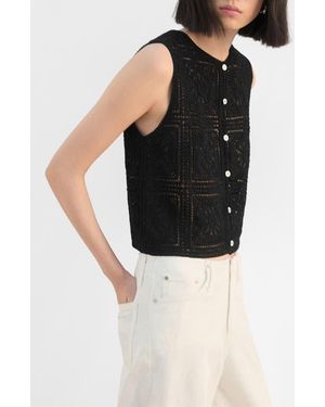Mango Sleeveless Crochet Button-Up Top - Black