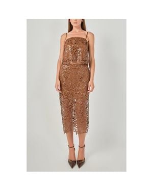 Endless Rose Sequin Floral Lace Midi Skirt - Brown