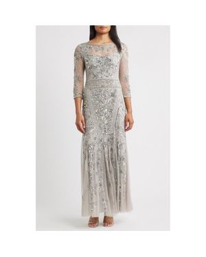 Pisarro Nights Beaded Chiffon Column Gown - Gray