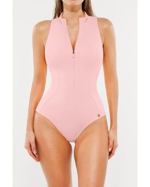 Popilush Shaping Zipper Front One-Piece Swimsuit With High Leg Cut - Pink