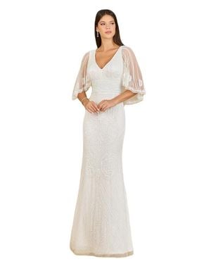 LARA New York Cape Sleeve V-Neck Beaded Gown - White