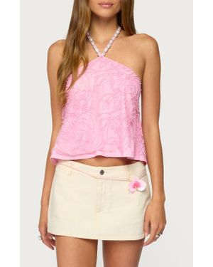 Edikted Ayva Floral Embroidered Beaded Halter Top - Pink