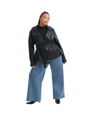 June + Vie High-Low Belted Leather Jacket - Black