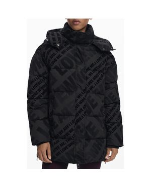 Desigual Flocked Print Quilted Puffer Jacket With Removable Hood - Black