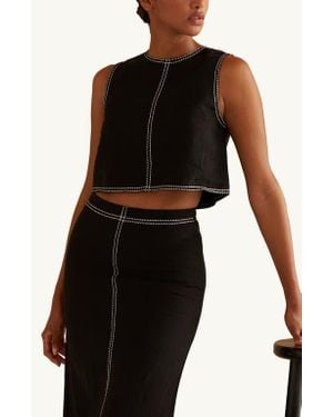 Crescent Embroidered Contrast Stitch Linen Crop Top - Black