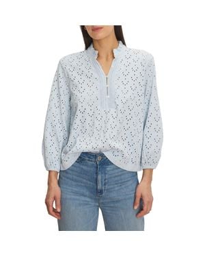 NIC+ZOE Eyelet Embroidered Ruffle Trim Cotton Top - Blue