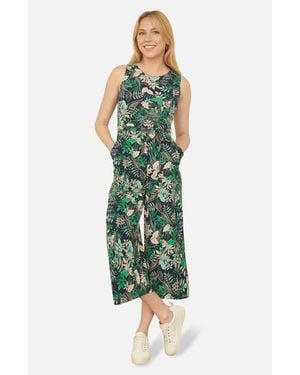 Yumi' Sleeveless Leaf Print Culotte Jumpsuit - Green