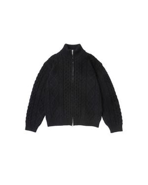 vowels Cable Knit Zip Up - Black