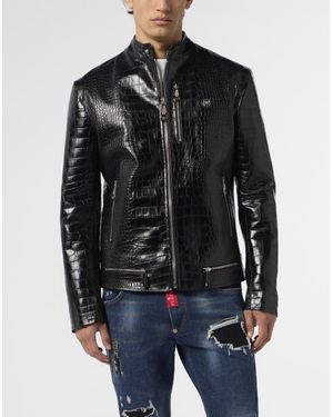 Philipp Plein Leather Moto Jacket Cocco - Black
