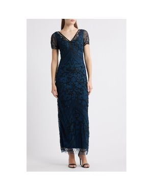 Pisarro Nights Beaded Mesh Column Gown - Blue