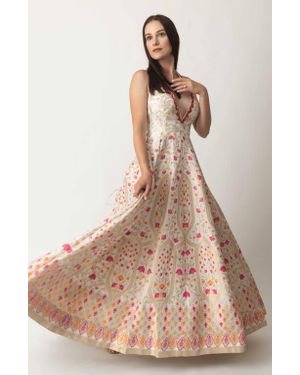 Ras Selina Embroidered Silk Jacquard Gown - Natural