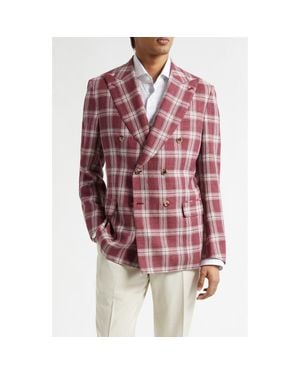 Isaia Delave Plaid Linen & Wool Sport Coat - Red