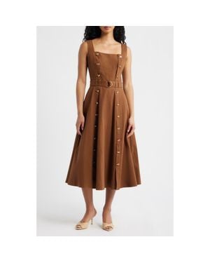 FREEMARKET Belted Fit & Flare Cotton Midi Dress - Brown