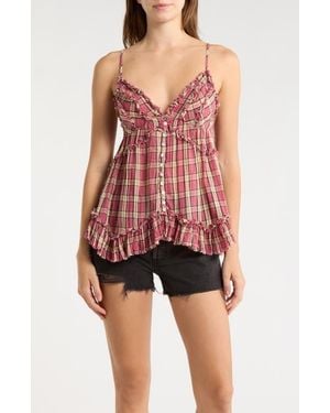 BDG Clara Mix Print Ruffle Trim Top - Red