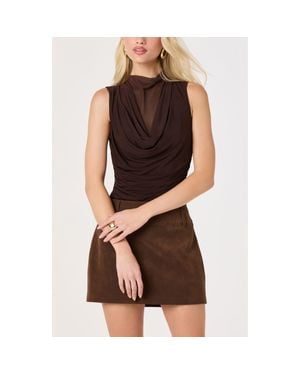 Astr Shaina Cowl Neck Mesh Inset Top - Brown