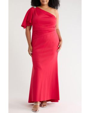 Jessica Howard Cape Sleeve One Shoulder Gown - Red