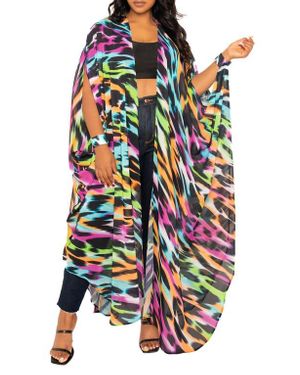 Buxom Couture Animal Print Chiffon Robe With Wrist Bands - White