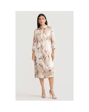 Misook A-Line Floral Print Silk Midi Dress - White
