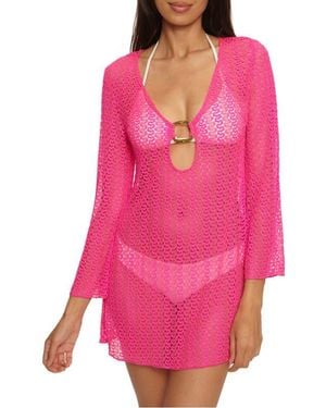 Becca Metallic Long Sleeve Sheer Cover-Up Dress - Pink