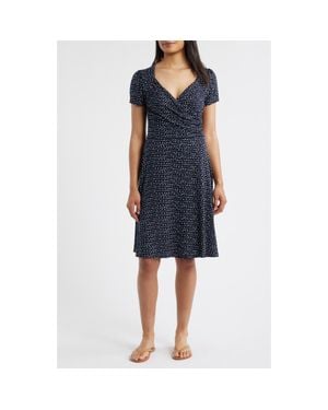 Loveappella Dot Print Surplice Neck Dress - Blue