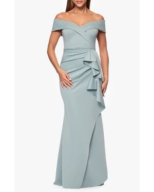 Xscape Evenings Off The Shoulder Ruffle Scuba Crepe Gown - Blue
