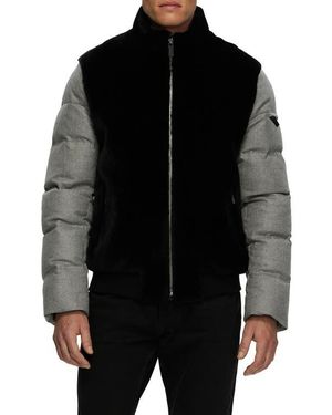 Gorski Genuine Shearling Bomber Jacket With Wool & Cashmere Quilted Down Sleeves And Back - Black