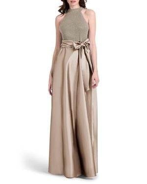 EMILY SHALANT Beaded Mock Neck Sleeveless Taffeta Gown - Natural