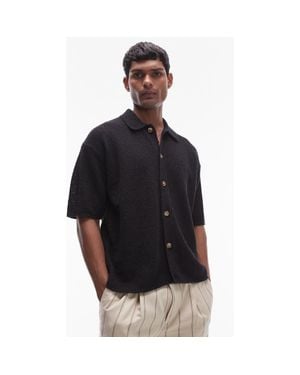 TOPMAN Short Sleeve Knit Button-Up Shirt - Black