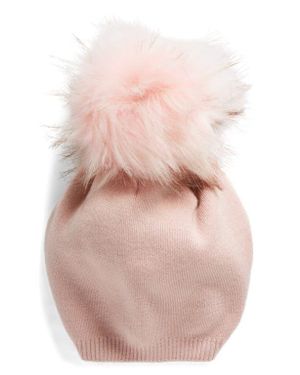 Kyi Kyi Wool & Cashmere Blend Beanie With Faux Fur Pom - Pink