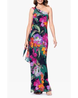 Xscape Evenings Floral One-Shoulder Chiffon Gown - White