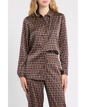 Anne Klein Printed Long Sleeve Button Front Shirt - Brown