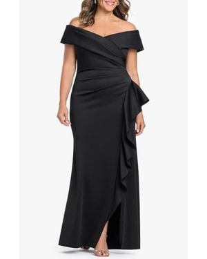 Xscape Evenings Off The Shoulder Ruffle Scuba Crepe Gown - Black