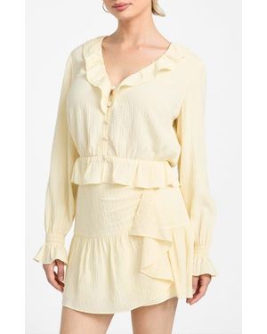 Guess Shaelo Long Sleeve Button-Up Crop Top - Natural