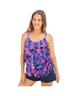 Swim 365 Longer-Length Tiered-Ruffle Tankini Top - Purple